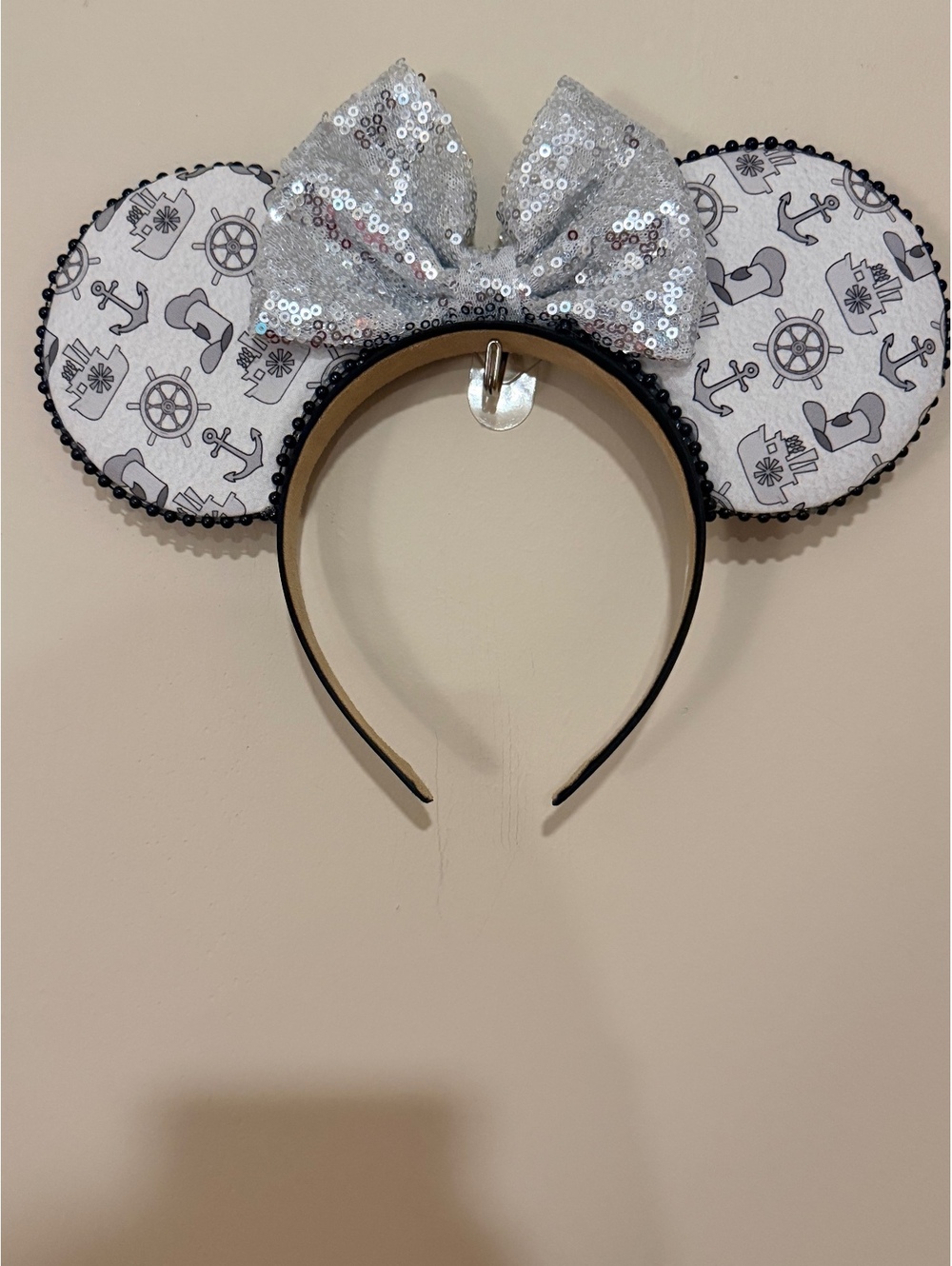 Sequin Silver Bow and Nautical Print Mouse Ears Headband